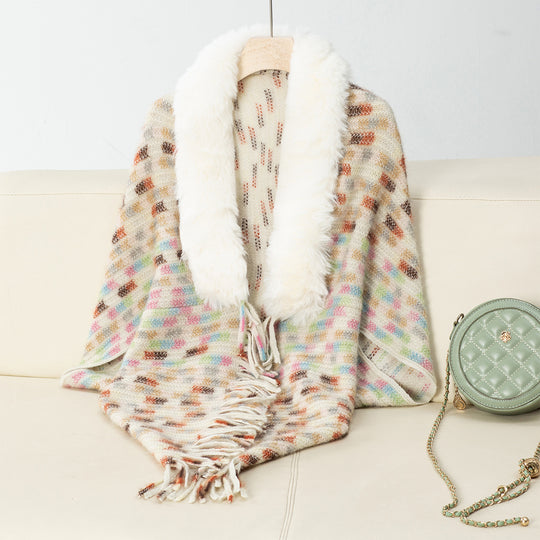 Damen eleganter Poncho mit luxuriösem Kunstfellkragen und Fransen R&B