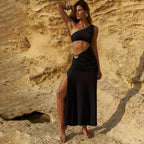 Damen Elegantes asymmetrisches Maxikleid mit Drapierung und dekorativem Detail R&B