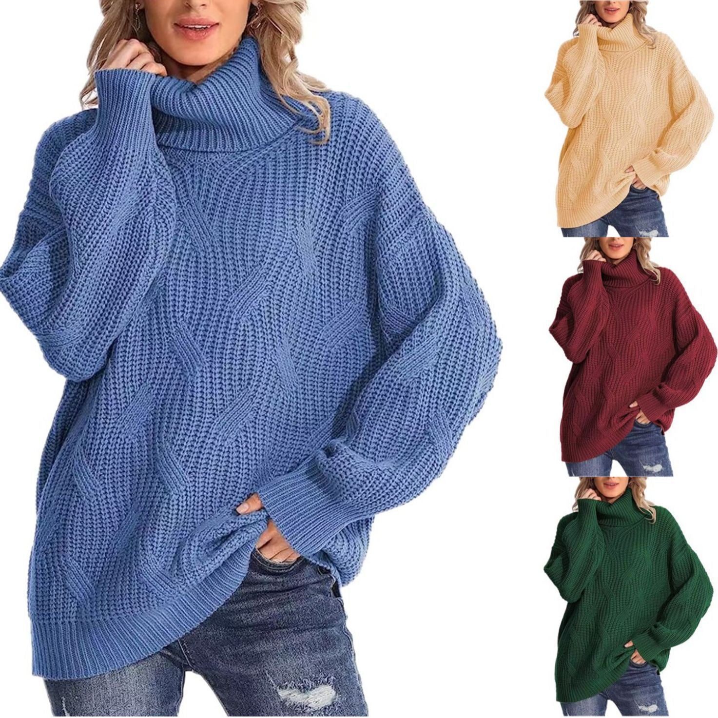 Damen Weicher Strickpullover mit hohem Kragen und Kabelmuster R&B