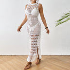 Damen gehäkelter Strandüberwurf mit offenen Häkelelementen und eleganten Fransen R&B