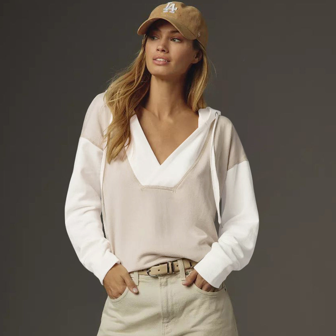Damen Lässiger Kapuzenpulli mit V-Ausschnitt und bequemen Ärmeln R&B