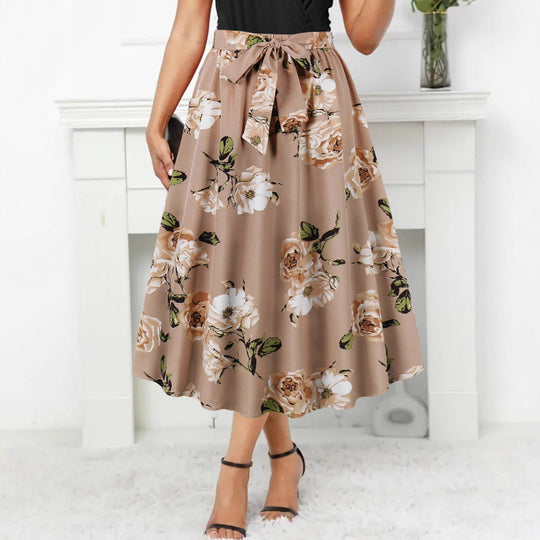 Damen Maxi-Rock mit floralem Muster und taillierter Schleife R&B