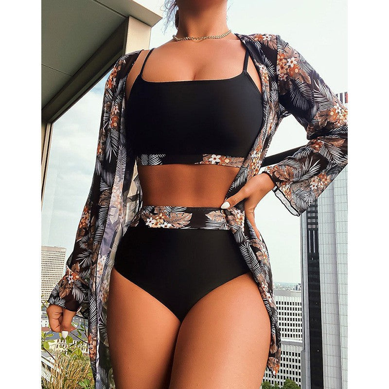 Damen Bikini-Set mit floralem Überrock und hohem Taillenschnitt R&B