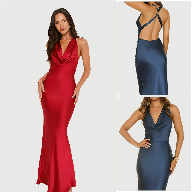 Damen Elegantes Satin Abendkleid mit tiefem Wasserfall-Ausschnitt und figurbetontem Schnitt R&B