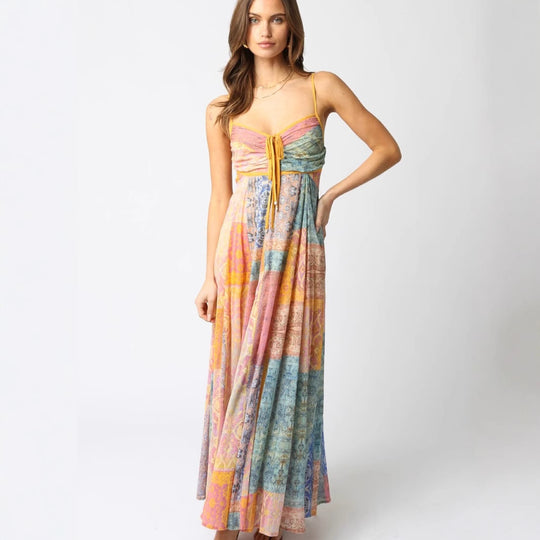 Damen nan bodenlanges Maxikleid mit gerafftem Bustier, Tunnelzug und Patchwork-Print R&B