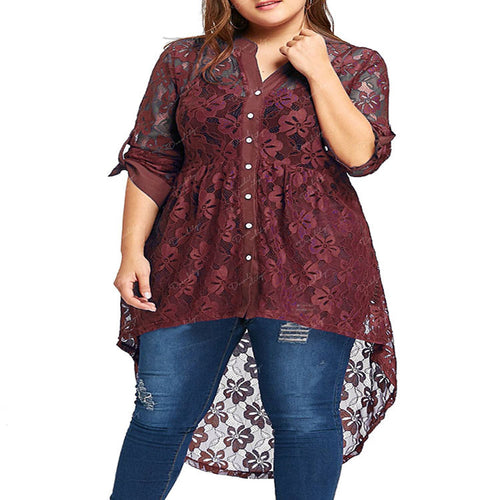 Damen Elegantes Longblusenshirt mit floralen Spitzeneinsätzen und asymmetrischem Saum R&B