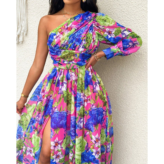 Damen Blumen Ein-Schulter Maxi Kleid R&B