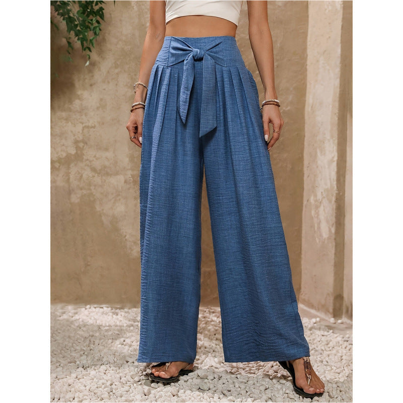 Damen Weite Hochtaillierte Hose mit Schleifenbund und Falten R&B