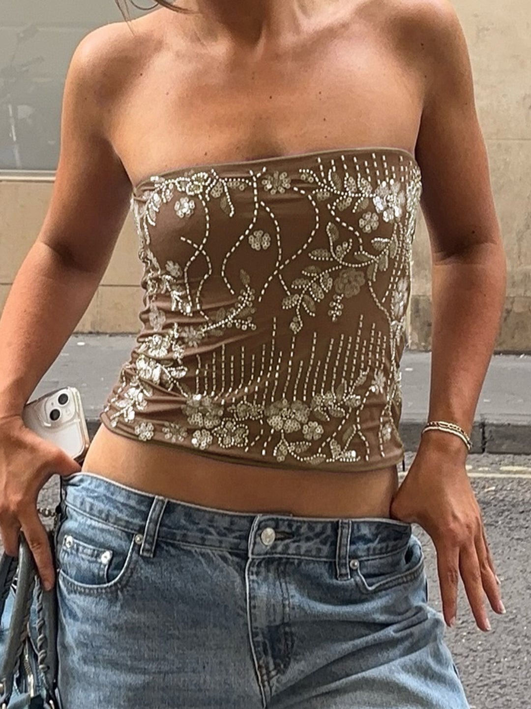 Damen eleganter Crop-Top mit Blumenstickerei und Pailletten R&B