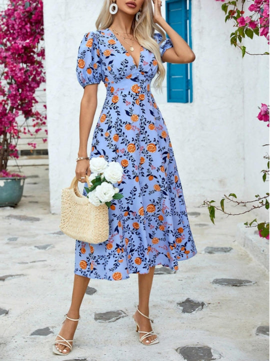 Damen Maxikleid mit durchgehendem Blumendruck und elegantem V-Ausschnitt R&B