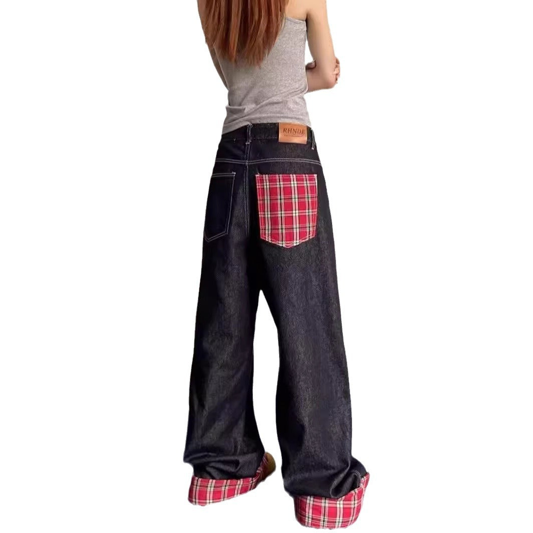 Damen weite Denim-Hose mit lässigem Schnitt und auffälligen Nähten R&B