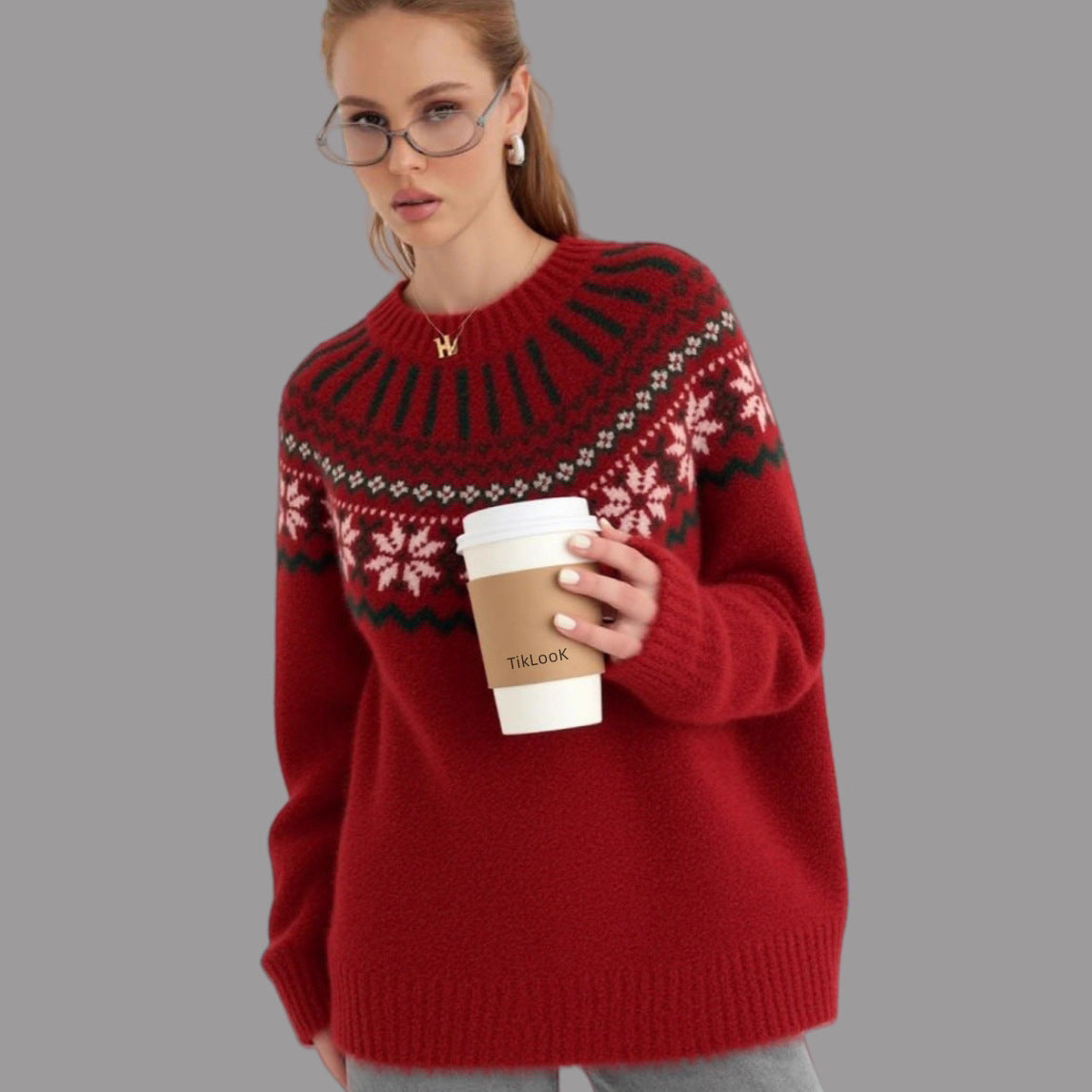 Damen Strickpullover mit festlichem Norweger-Motiv und weitem Schnitt R&B