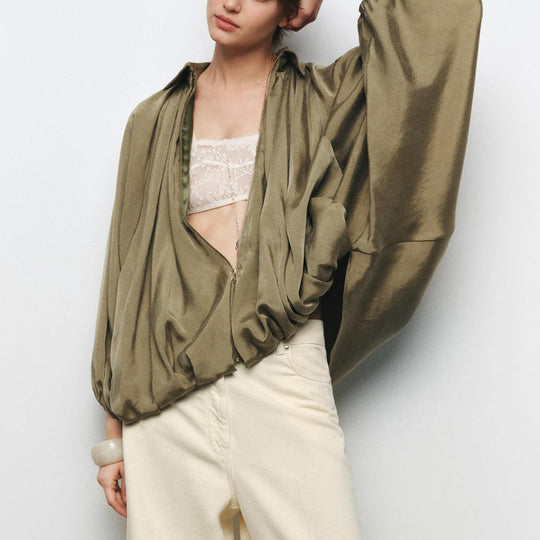 Damen Oversize Satinjacke mit Reißverschluss und elastischem Bündchen R&B