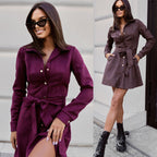 Damen elegantes Hemdblusenkleid mit Taillengürtel und dekorativen Knopfdetails R&B
