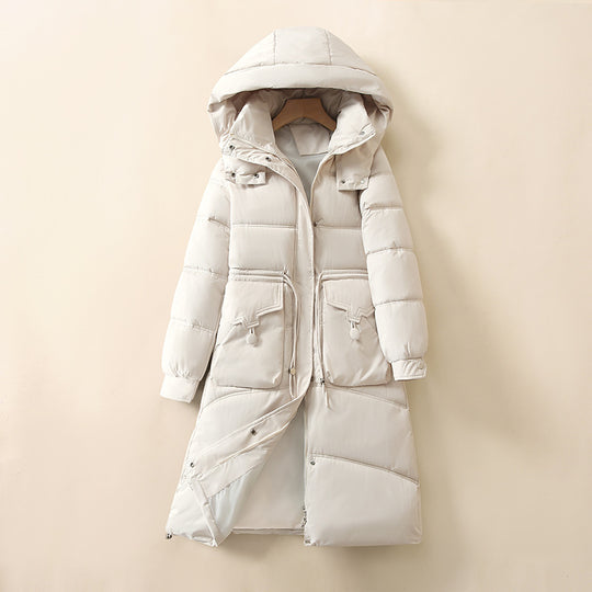 Damen Lange, warme Pufferjacke mit praktischen Taschen und Kapuze R&B