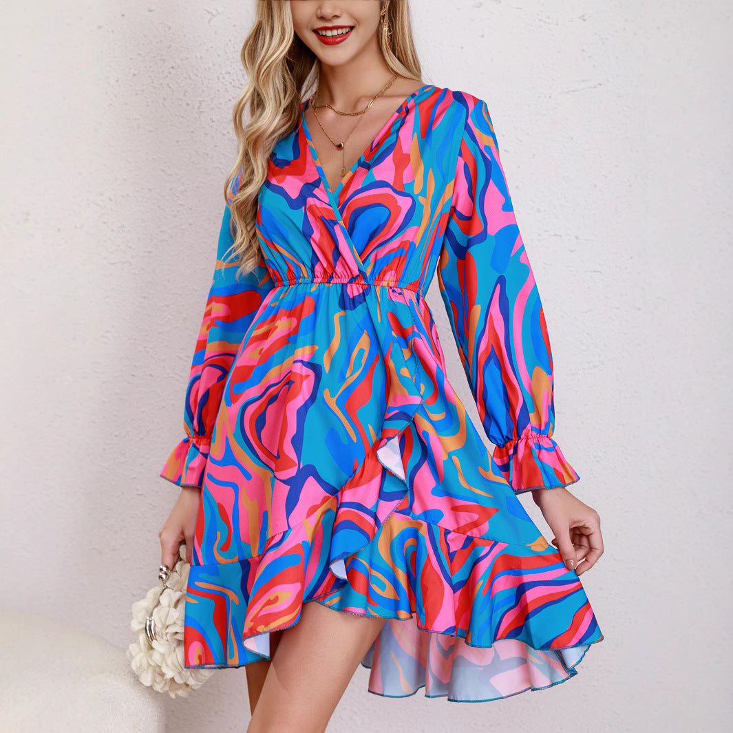 Damen Kurzes Kleid mit Wickeldesign und fröhlichem Muster R&B
