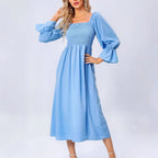 Damen Midikleid mit elastischen Puffärmeln und romantischem Taillenzug R&B