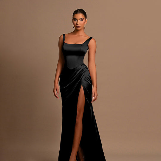 Damen elegantes Maxikleid mit anliegendem Oberteil und hohem Schlitz R&B