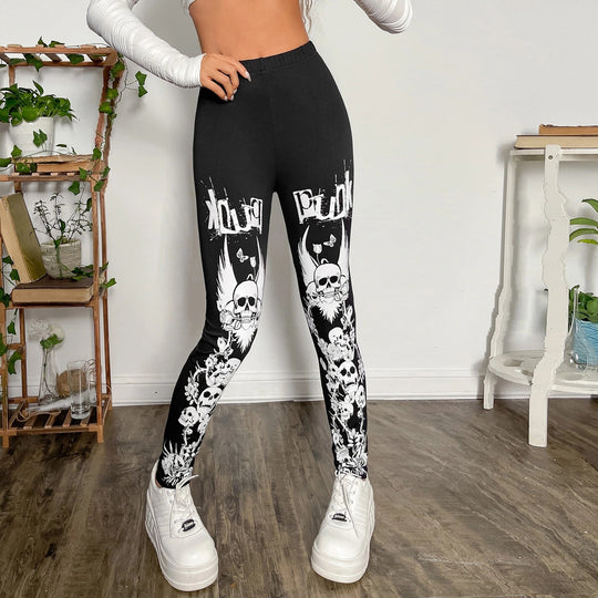 Damen Leggings mit auffälligem Totenkopf- und floralem Design R&B