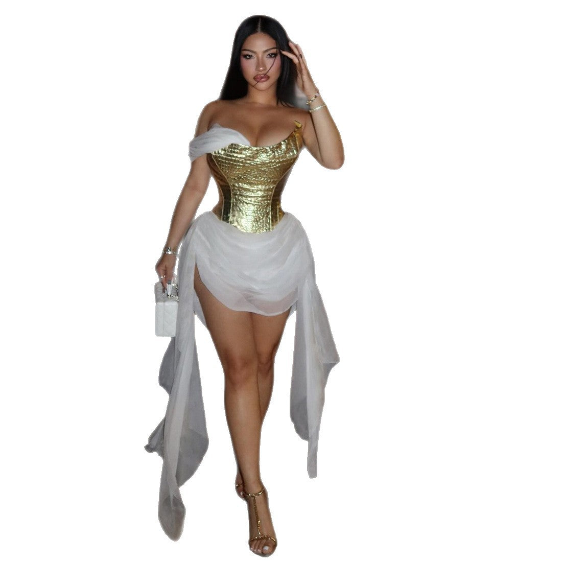 Damen Elegantes asymmetrisches Cocktailkleid mit goldenen Akzenten R&B