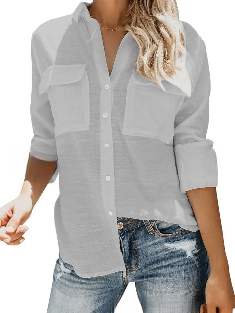 Damen leichte Sommerbluse mit zwei Brusttaschen und aufgerollten Ärmeln R&B