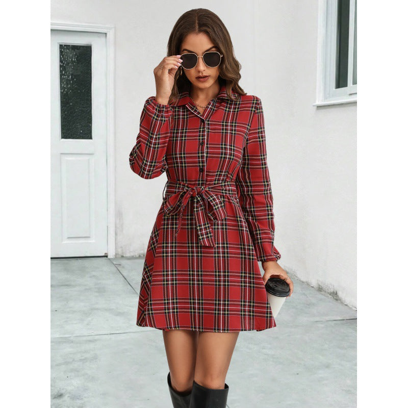 Damen Hemdblusenkleid mit karriertem Muster und Bindegürtel R&B