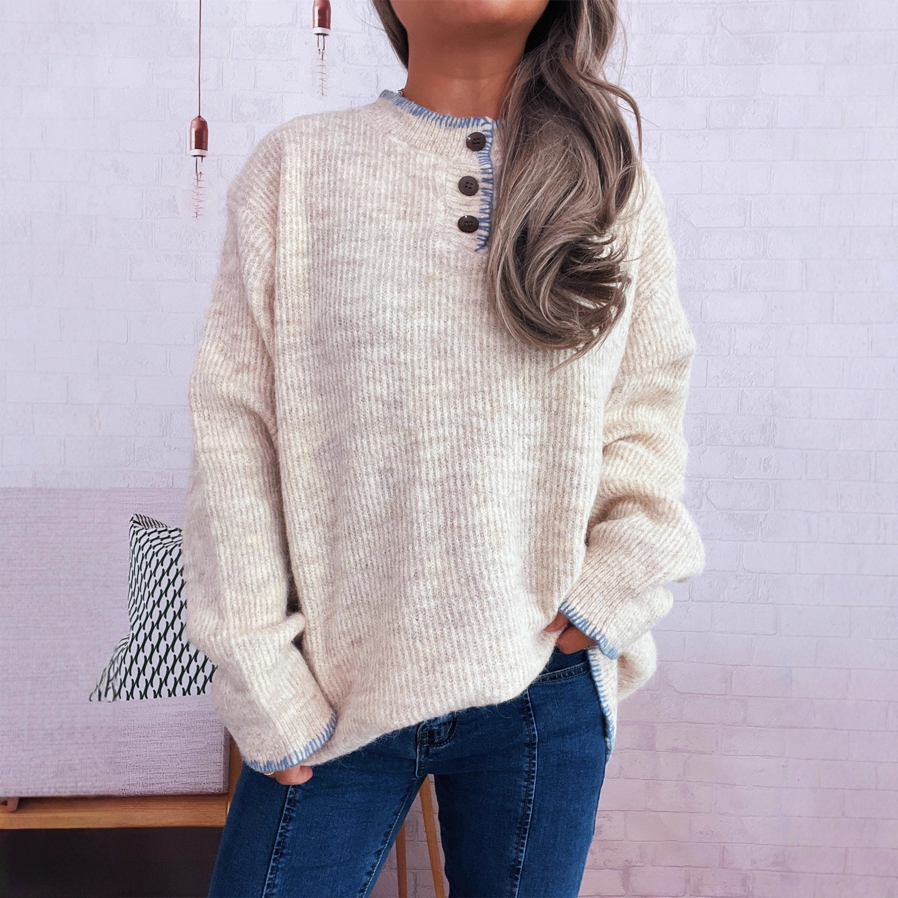 Damen Oversize Strickpullover mit Knopfleiste R&B
