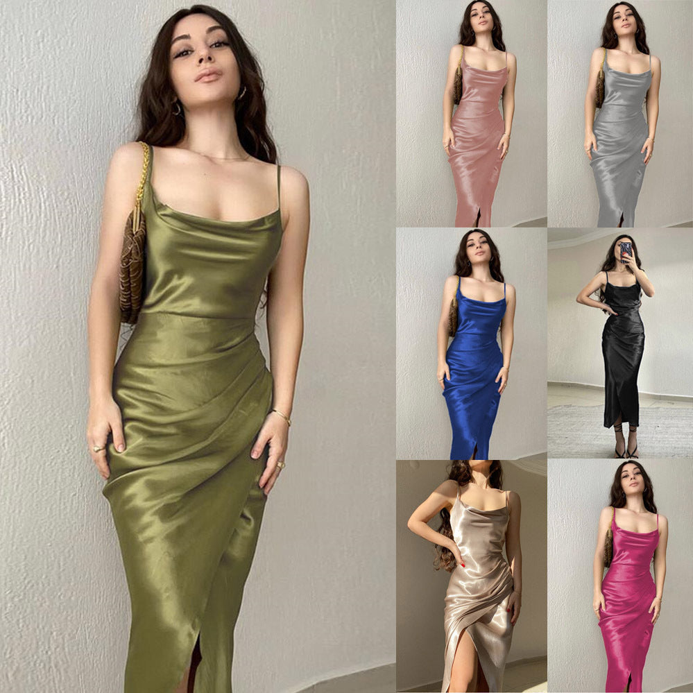 Damen modernes Satin-Midi-Kleid mit elegantem Wasserfallausschnitt und seitlichem Schlitz R&B
