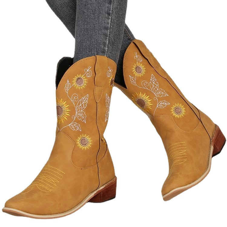 Damen Cowboy-Stiefel mit floralem Stickdesign und robustem Blockabsatz R&B
