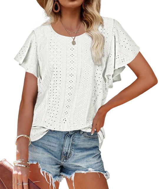 Damen Kurzärmlige Bluse mit Rüschendetails und Lochmuster R&B