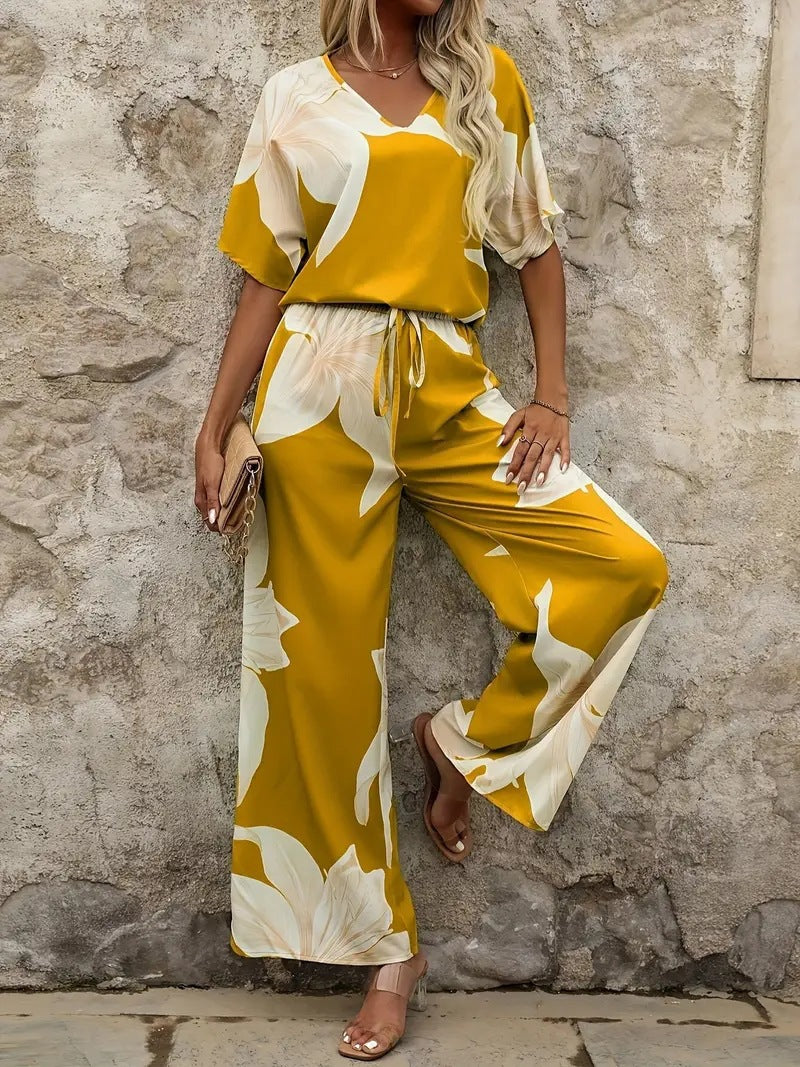 Damen Eleganter Jumpsuit mit floralen Mustern und weitem Bein R&B