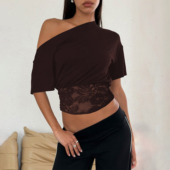 Damen Off-Shoulder Bluse mit Spitzenbund R&B