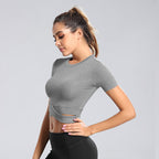 Damen kurzärmliges Trainings-Crop-Top mit innovativer Wickeloptik R&B
