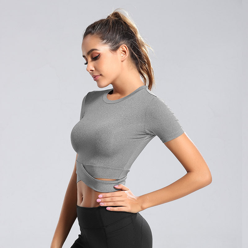 Damen kurzärmliges Trainings-Crop-Top mit innovativer Wickeloptik R&B