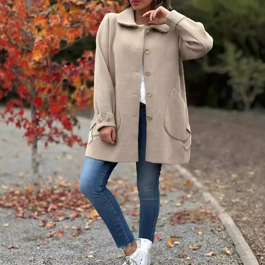 Damen Oversized Wollmantel mit dekorativen Knöpfen und großen Taschen R&B