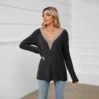 Damen Strickpullover mit V-Ausschnitt und romantischer Spitze R&B