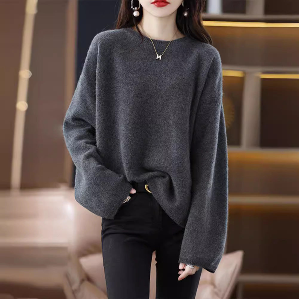 Damen weicher Strickpullover mit weitem Schnitt und legerem V-Ausschnitt R&B