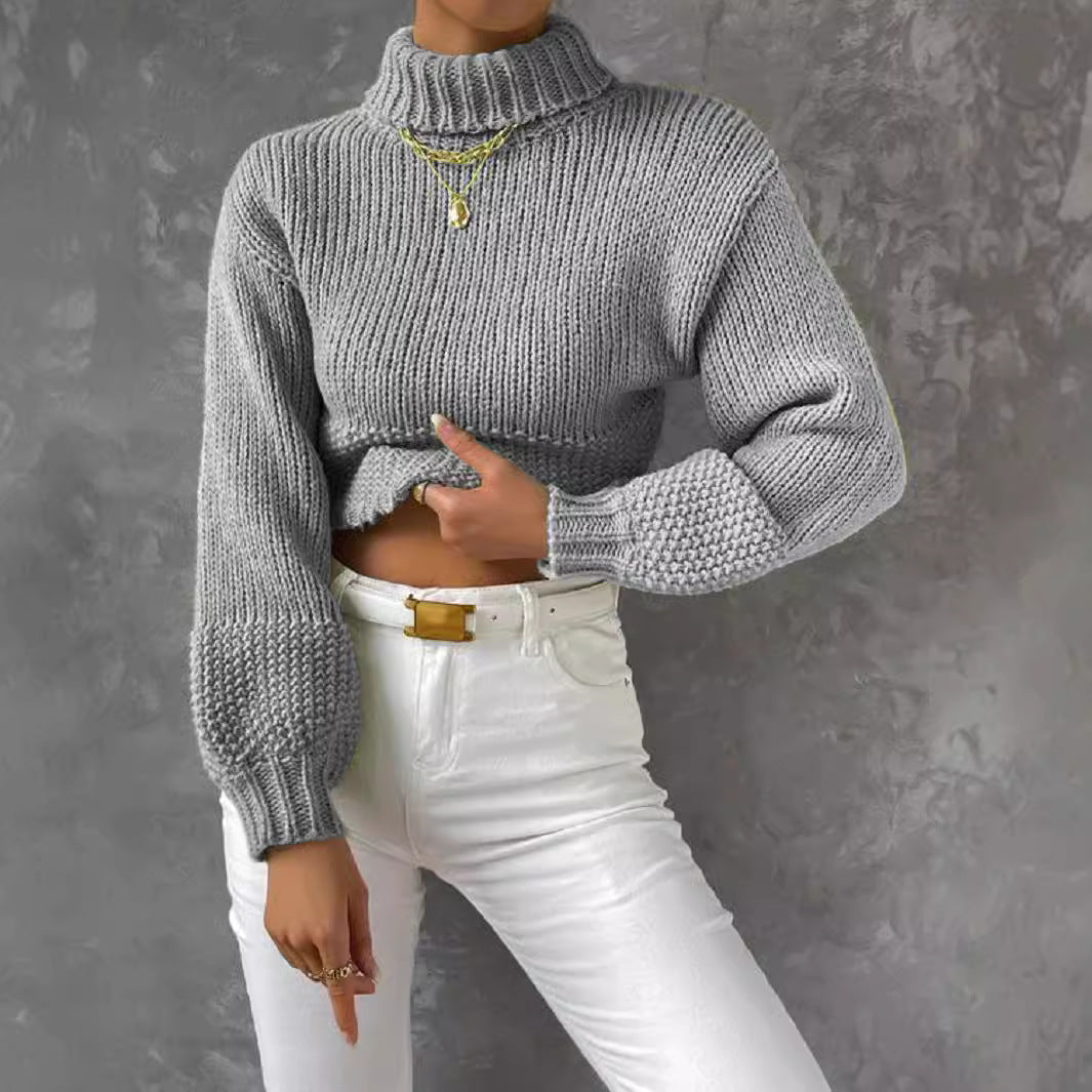 Damen trendiger Pullover mit hoch geschlossenem Kragen und voluminösen Ärmeln R&B