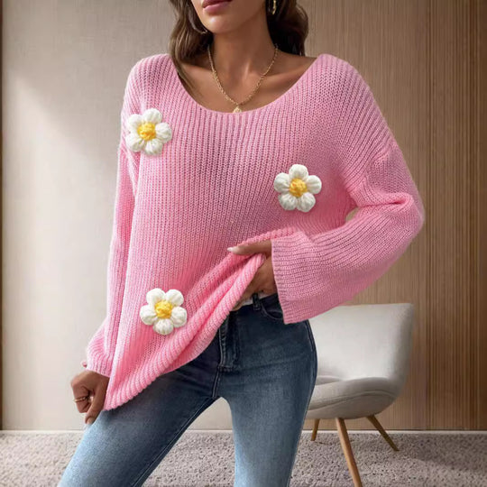 Damen Strickpullover mit verspielten Blumenapplikationen R&B