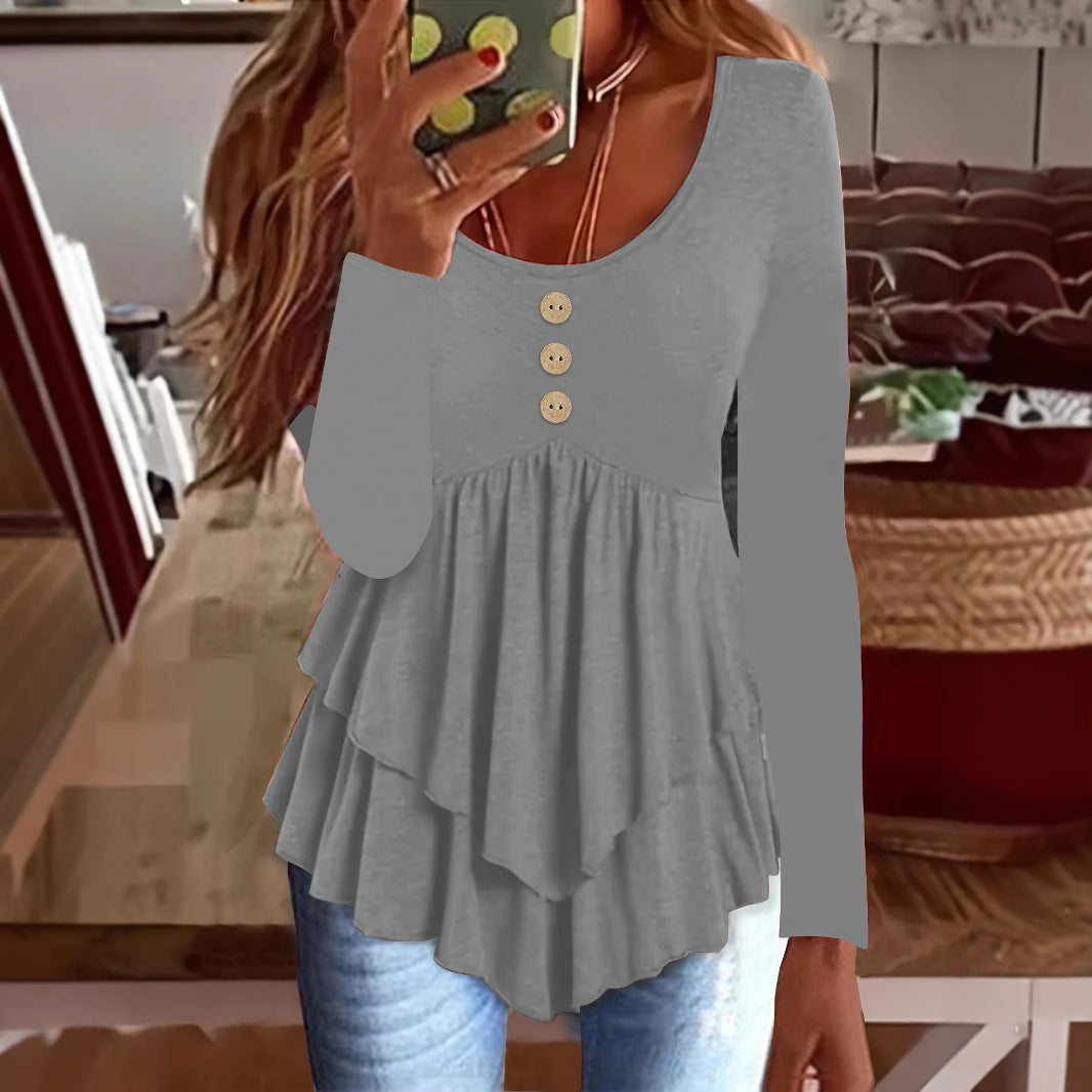 Damen Langarm Blusenshirt mit mehrlagigem Design und dekorativen Knopfdetails R&B