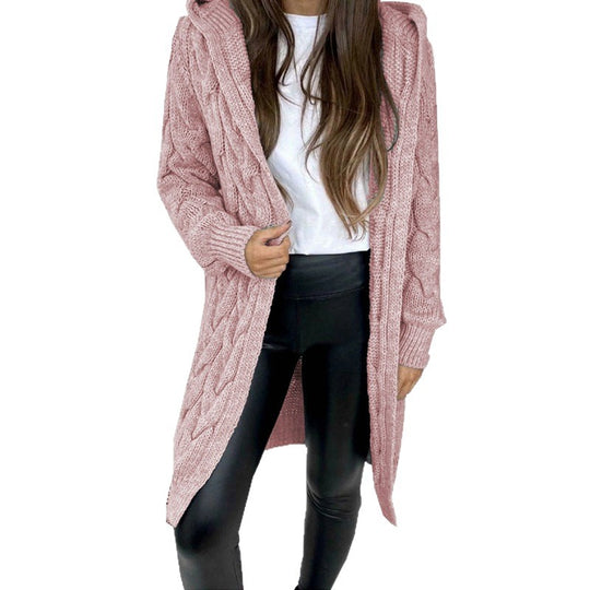 Damen lange Strickjacke mit Kapuze und Zopfmuster R&B