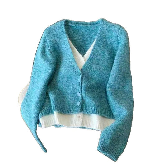 Damen modische Strickjacke mit elegantem V-Ausschnitt und Knopfdetails R&B