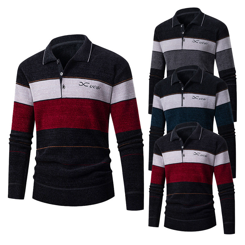 Herren Langarm Polohemd mit gestreiftem Design und Knopfleiste
