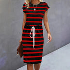 Damen Freizeitleinenkleid mit bunten Streifen und verstellbarem Taillenzug R&B