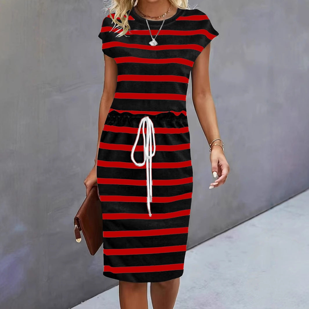 Damen Freizeitleinenkleid mit bunten Streifen und verstellbarem Taillenzug R&B