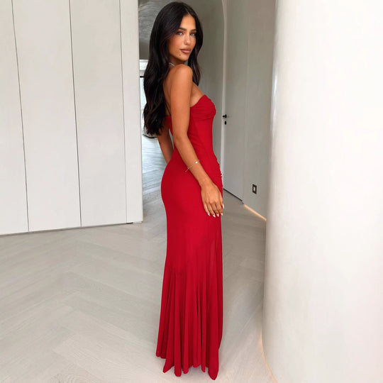 Damen Elegantes Maxikleid mit gerafftem Oberteil und schwingendem Rock R&B