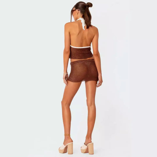 Damen gehäkeltes Strand-Outfit mit verstellbarem Oberteil und Shorts R&B