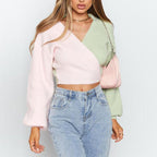 Damen Eleganter V-Ausschnitt Pullover mit farblich abgesetzten Ärmeln und strukturierter Oberfläche R&B