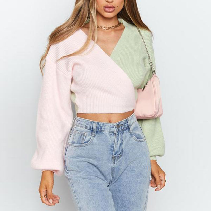 Damen Eleganter V-Ausschnitt Pullover mit farblich abgesetzten Ärmeln und strukturierter Oberfläche R&B