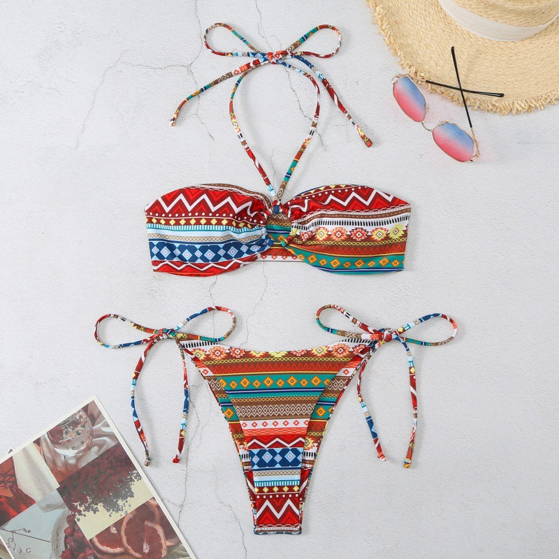 Damen Bandeau-Bikini mit verstellbaren BindR&Bändern und farbenfrohem Muster R&B